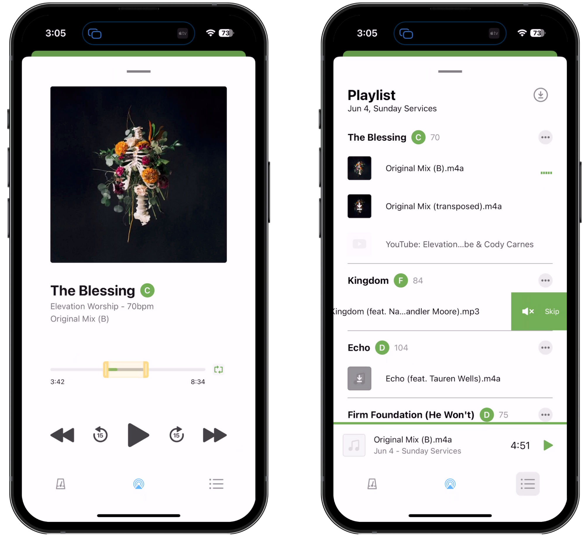 The section looping and song skipping features on the mobile media player.