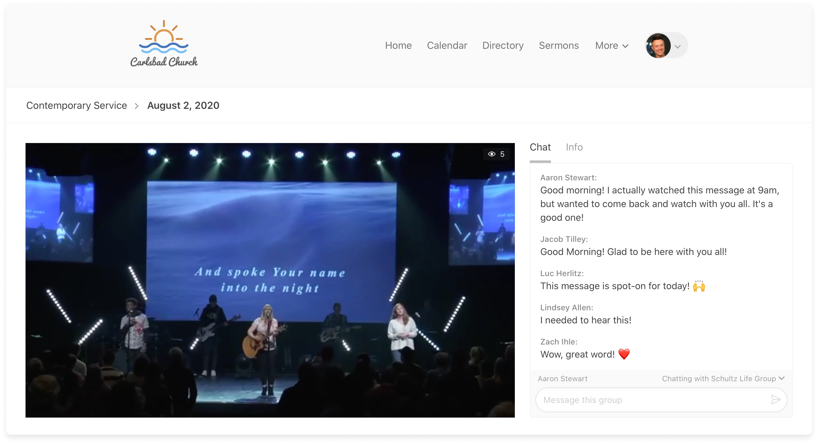 A church website homepage with a chat window on the right sidebar for people to leave comments during the service.