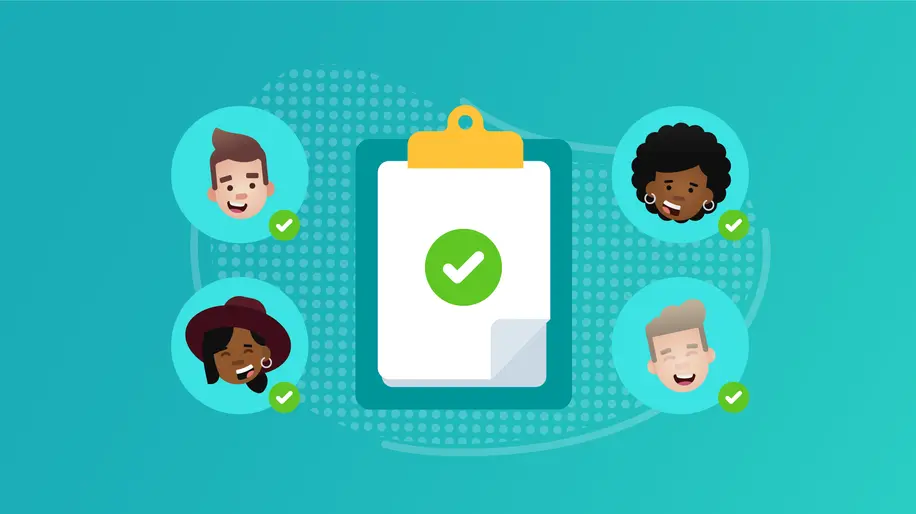 An illustrated clipboard with white paper and a green checkmark icon in the center.