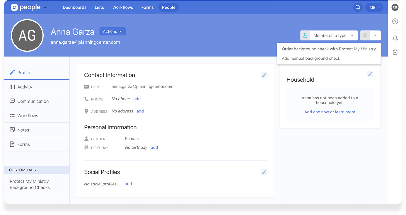 A member profile in Planning Center People with a drop-down menu displaying an option to order a background check.
