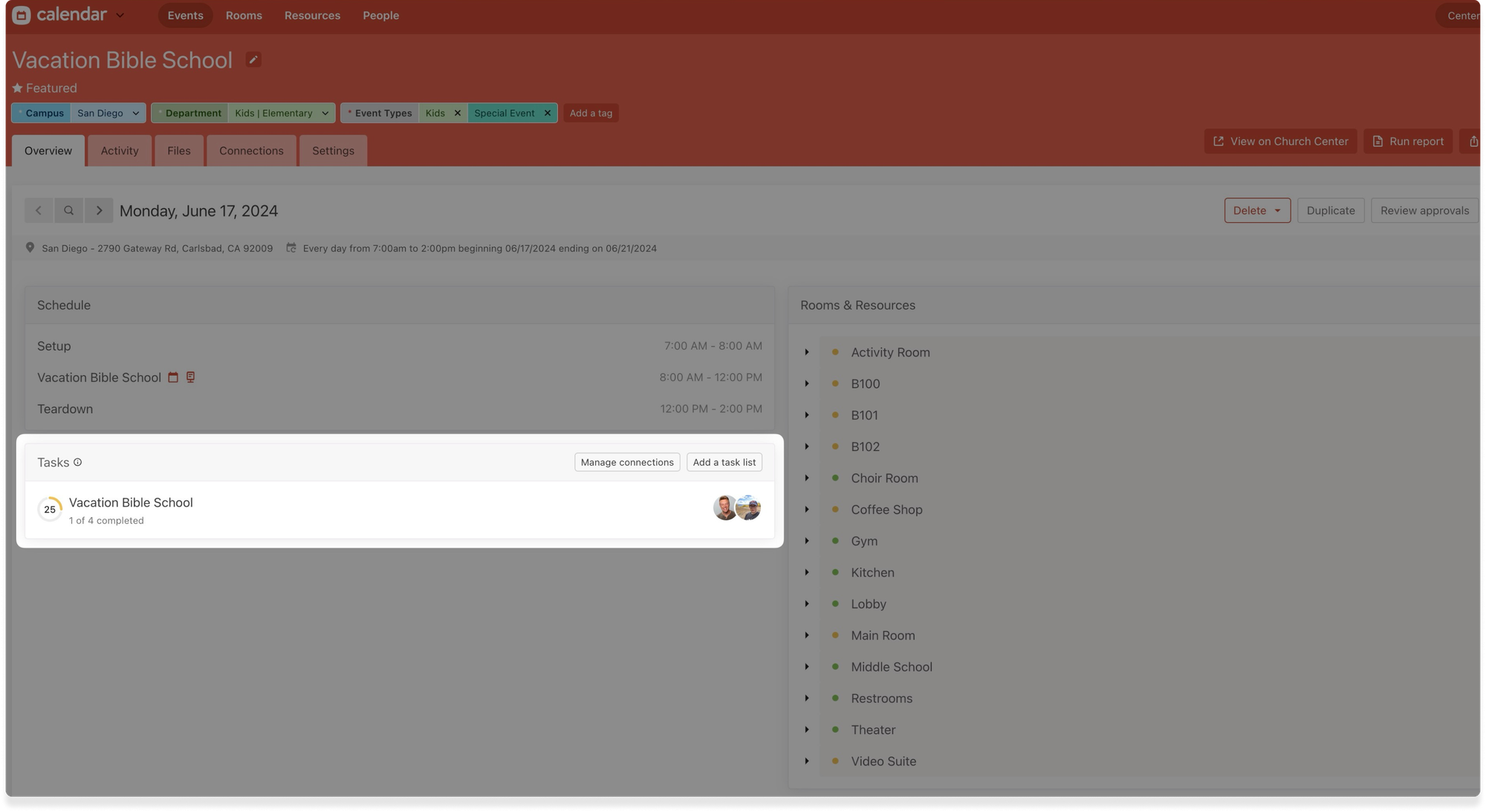 The Overview tab in Planning Center Calendar showing the 