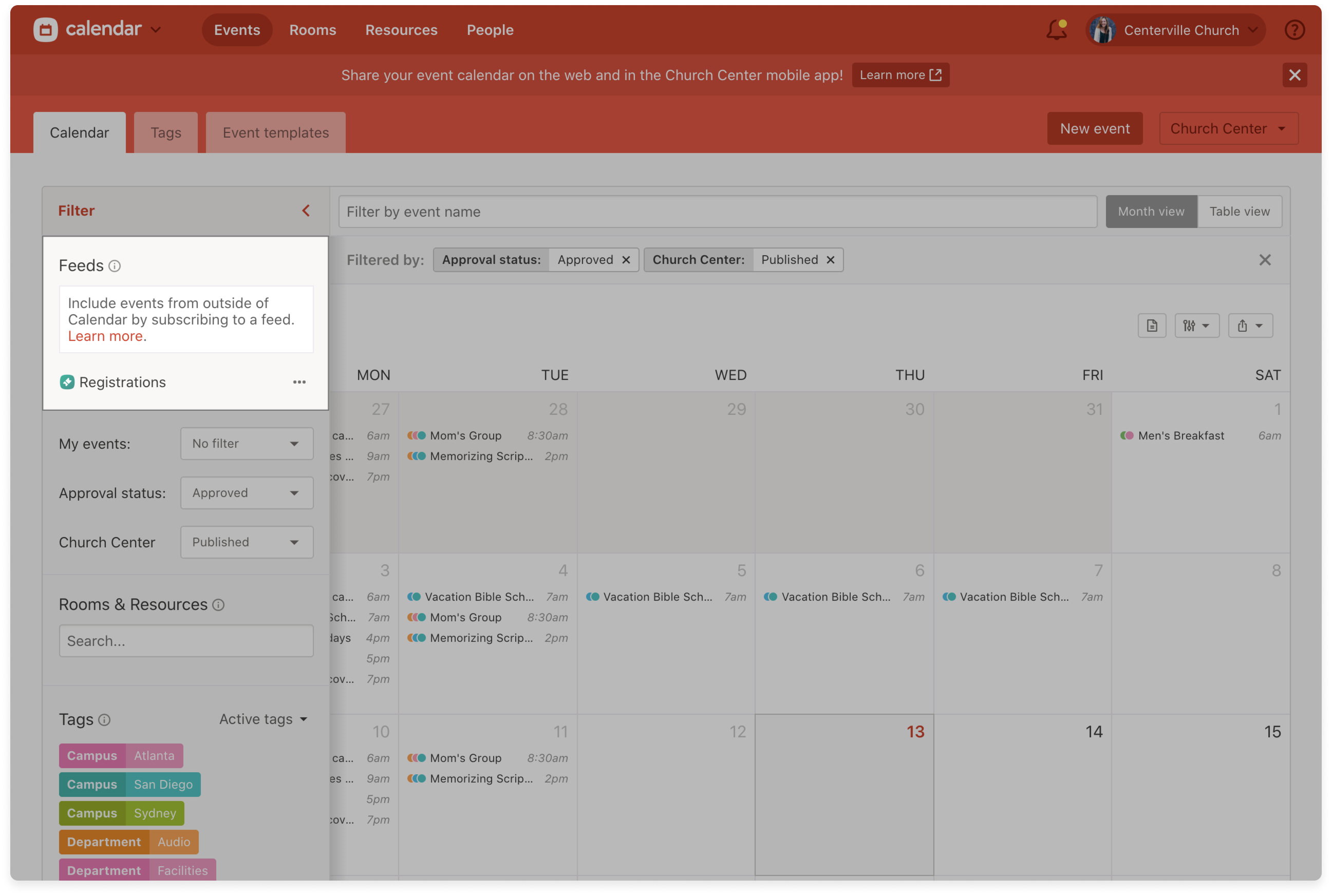 An events feed widget on the left sidebar of a calendar bashboard.