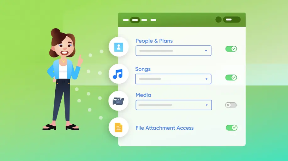 A woman in a light blue cardigan standing next to the permissions modal in Planning Center Services.