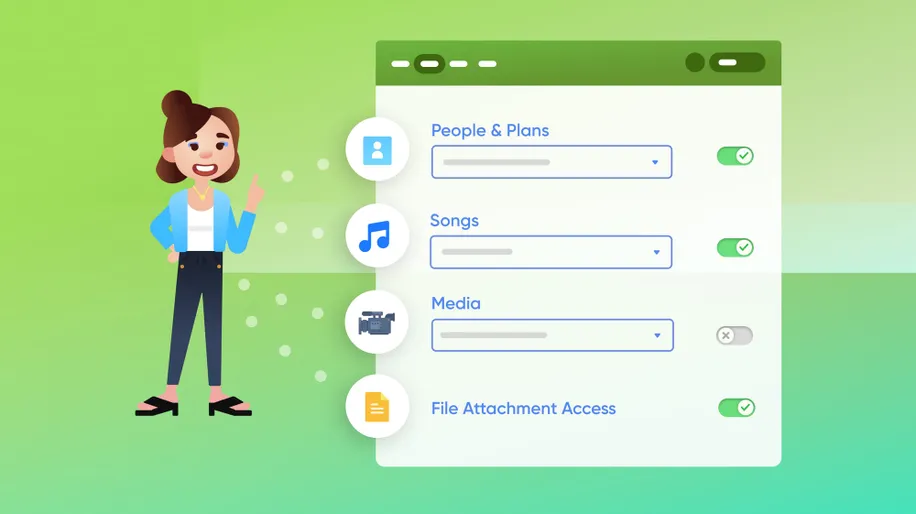 A woman in a light blue cardigan standing next to the permissions modal in Planning Center Services.