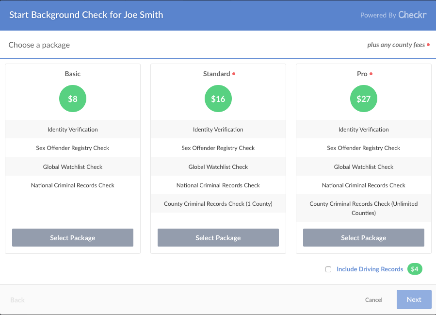 null Background check selection page with package options.
