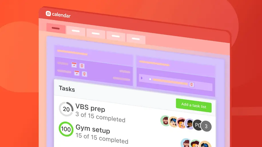 Two task lists in Planning Center Calendar, VBS Prep and Gym setup, with avatars of the collaborators to the right. 
