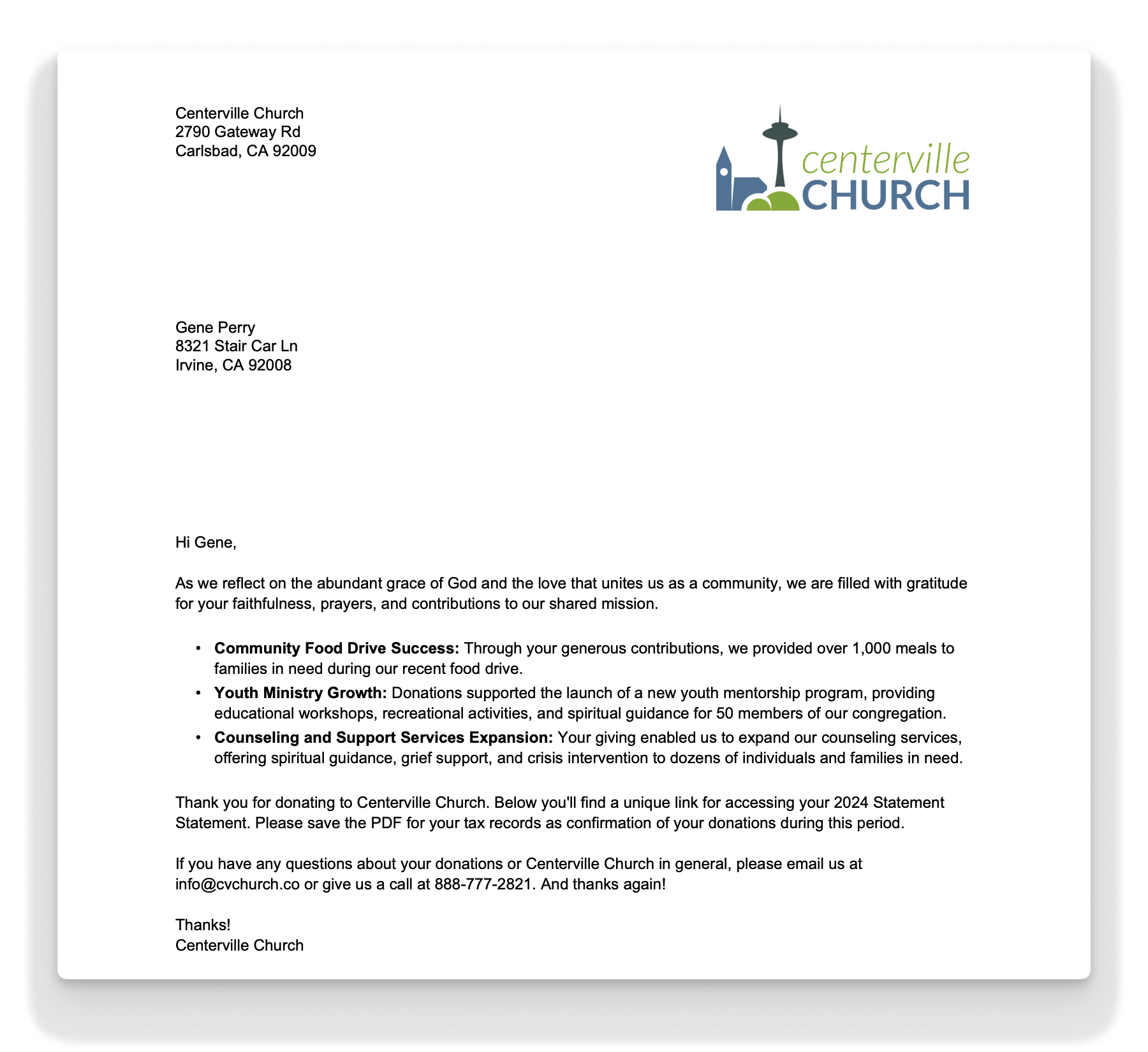 A donation statement cover letter on a white page with a church logo and name in the top-right corner.