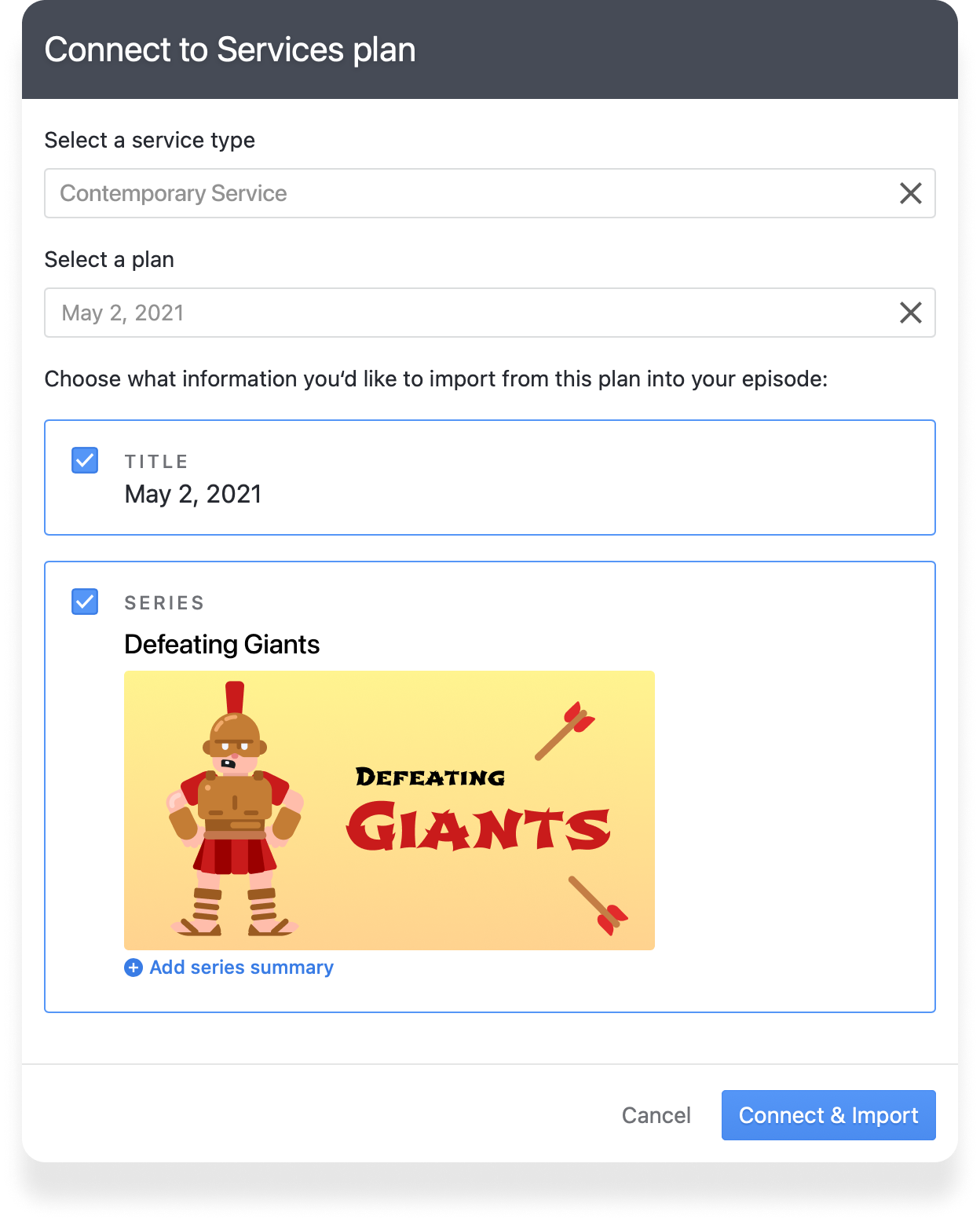 null A modal with the option to connect a services plan with selected options to import.