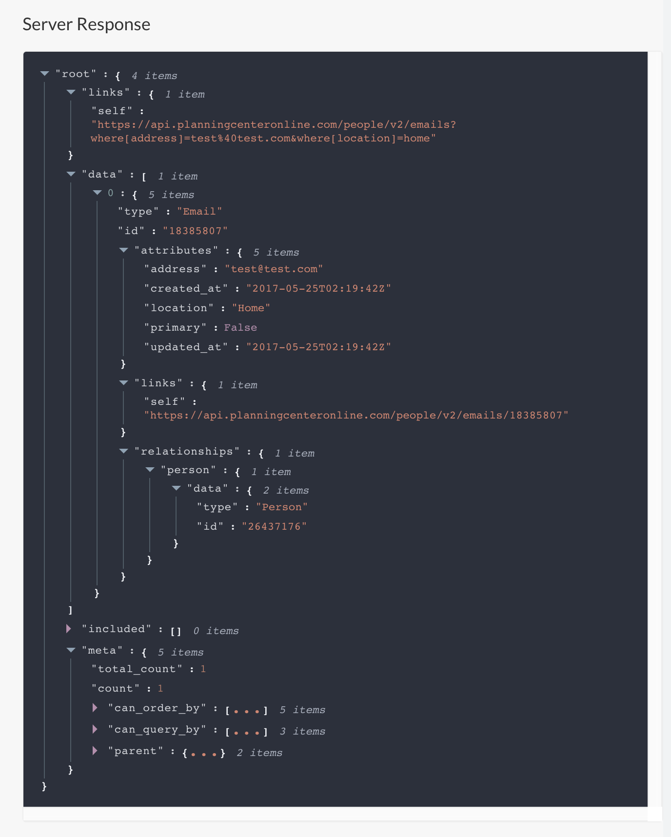 API Explorer Server JSON Response
