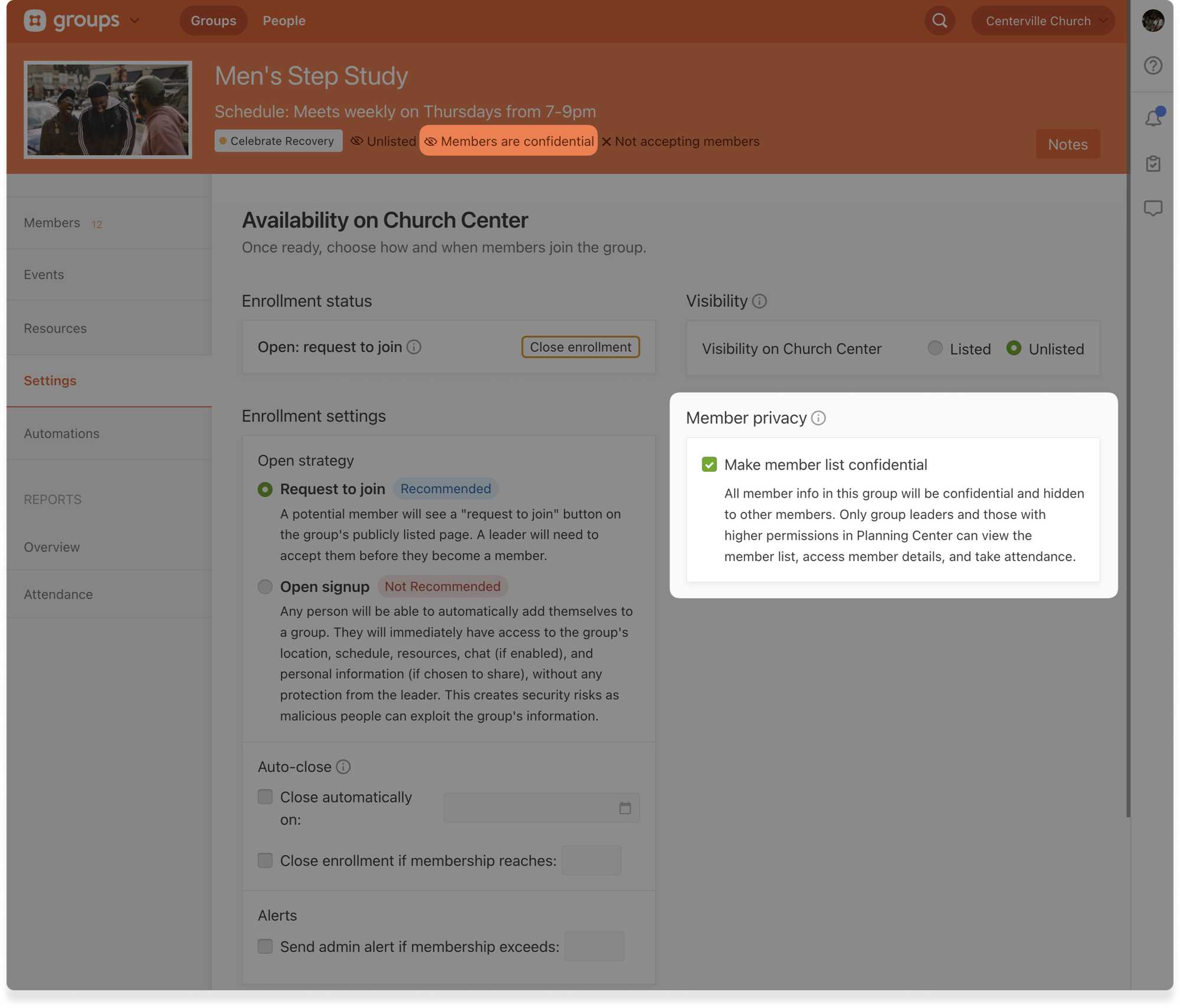 The member privacy checkbox option in Planning Center Groups settings