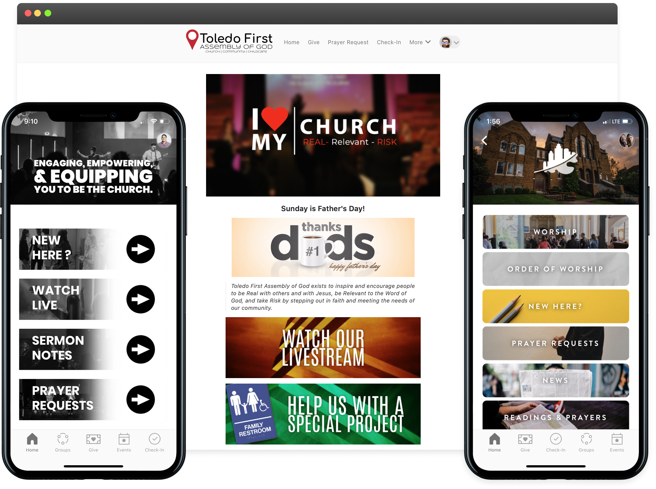 Two iPhone side-by-side with different menu options for their church website. 