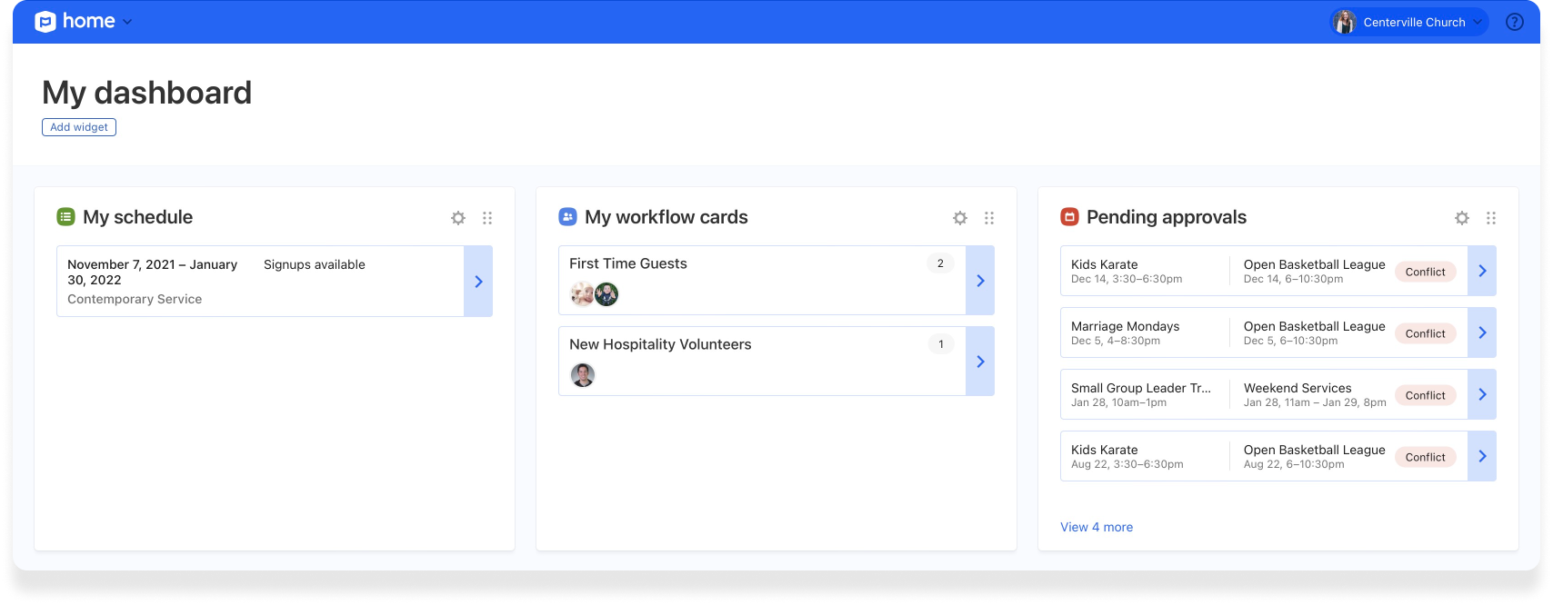 The dashboard of Planning Center Home with widgets displaying a schedule, workflows, and pending approvals.