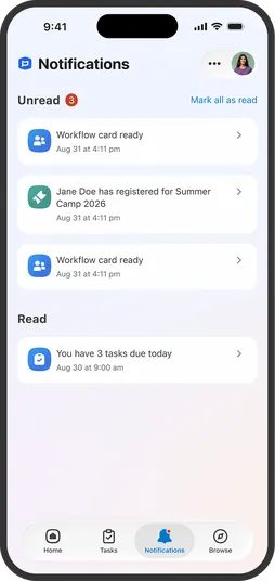 Notifications screen with unread and read updates, including workflow cards and a summer camp registration. Bottom menu highlights Notifications.