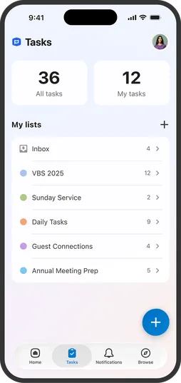 Task management app screen showing 36 total tasks, 12 personal tasks, and categorized lists like Inbox, VBS 2025, and Daily Tasks.
