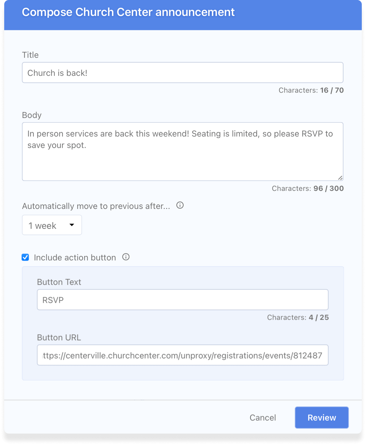 A modal to create a church-wide announcement with text boxes for fields to include information such as title and body.