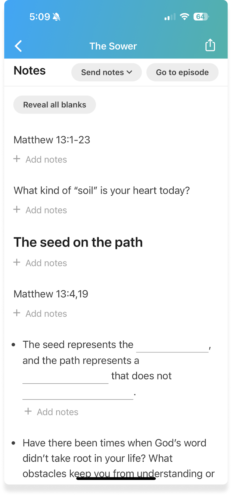 A phone screen with a semon outline including bullet points and fill-in-the-blanks.