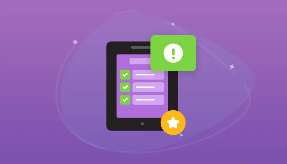 An illustrated iPad with a purple screen and green checkmarks next to three listed items.