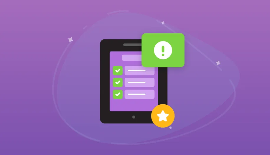 An illustrated iPad with a purple screen and green checkmarks next to three listed items.