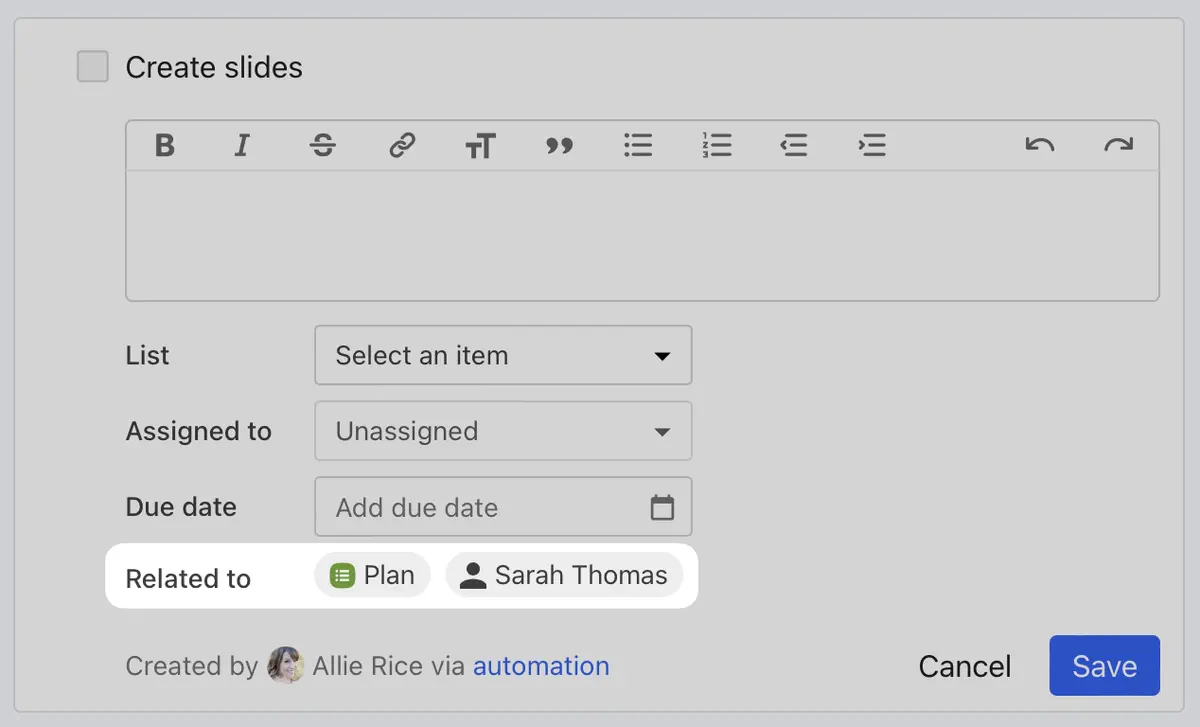 Screenshot of a task with relationships