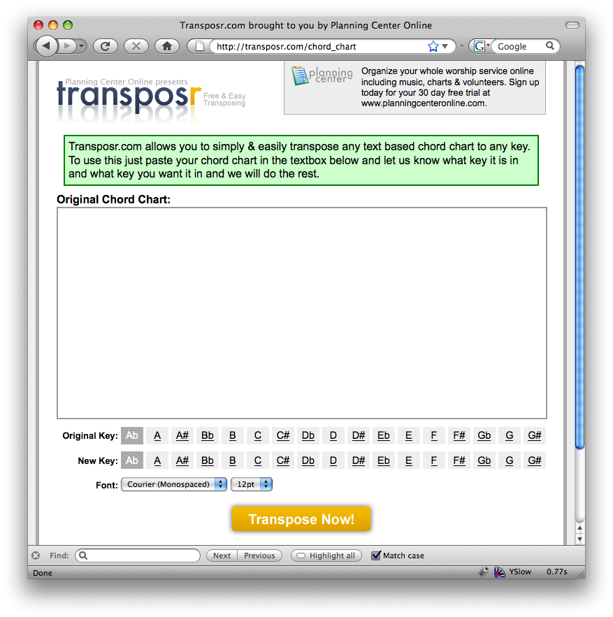 A text box with different musical key options below to transpose the original key into.