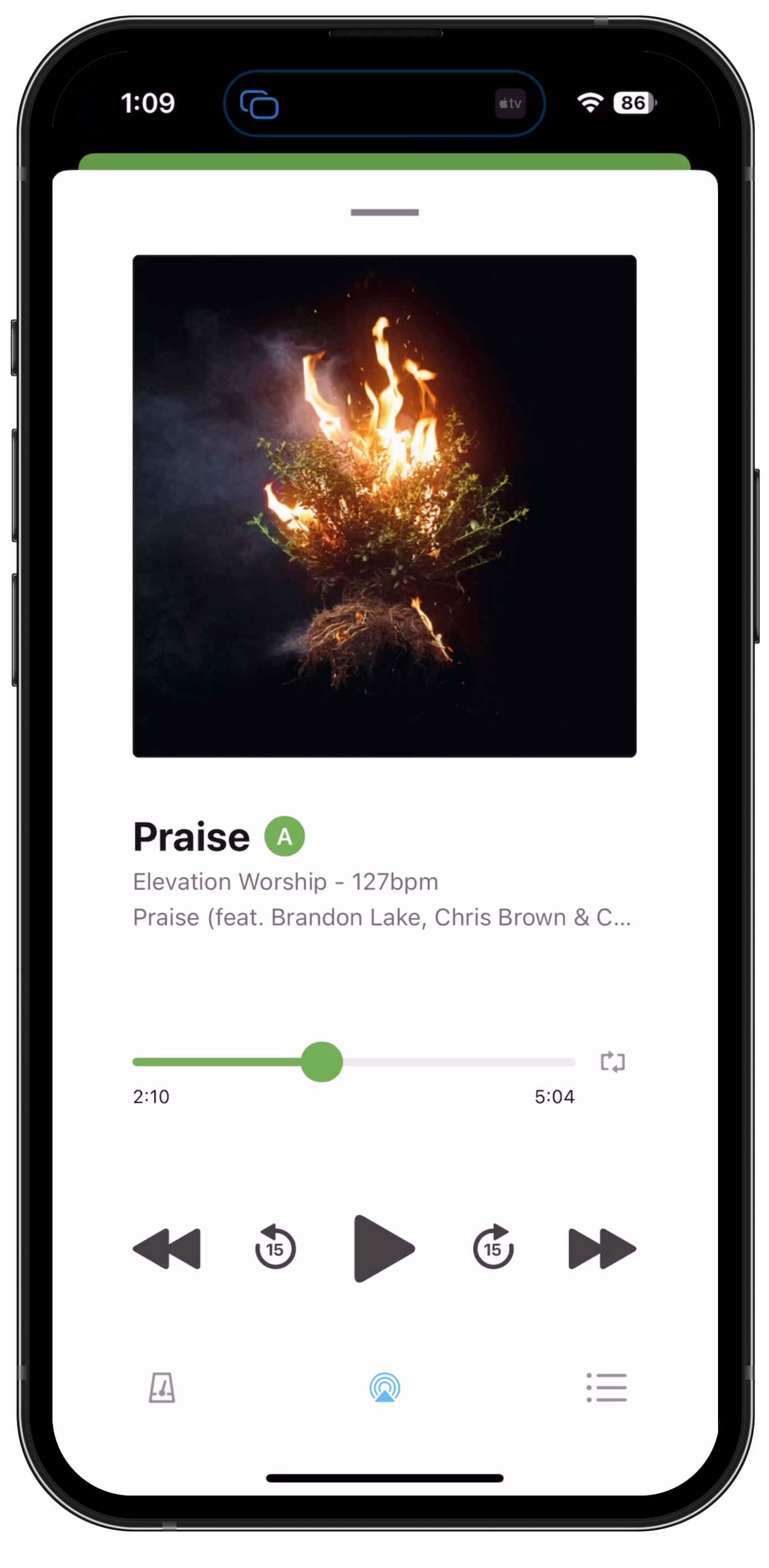 The Now Playing view displaying album artwork, timeline, and playback buttons.