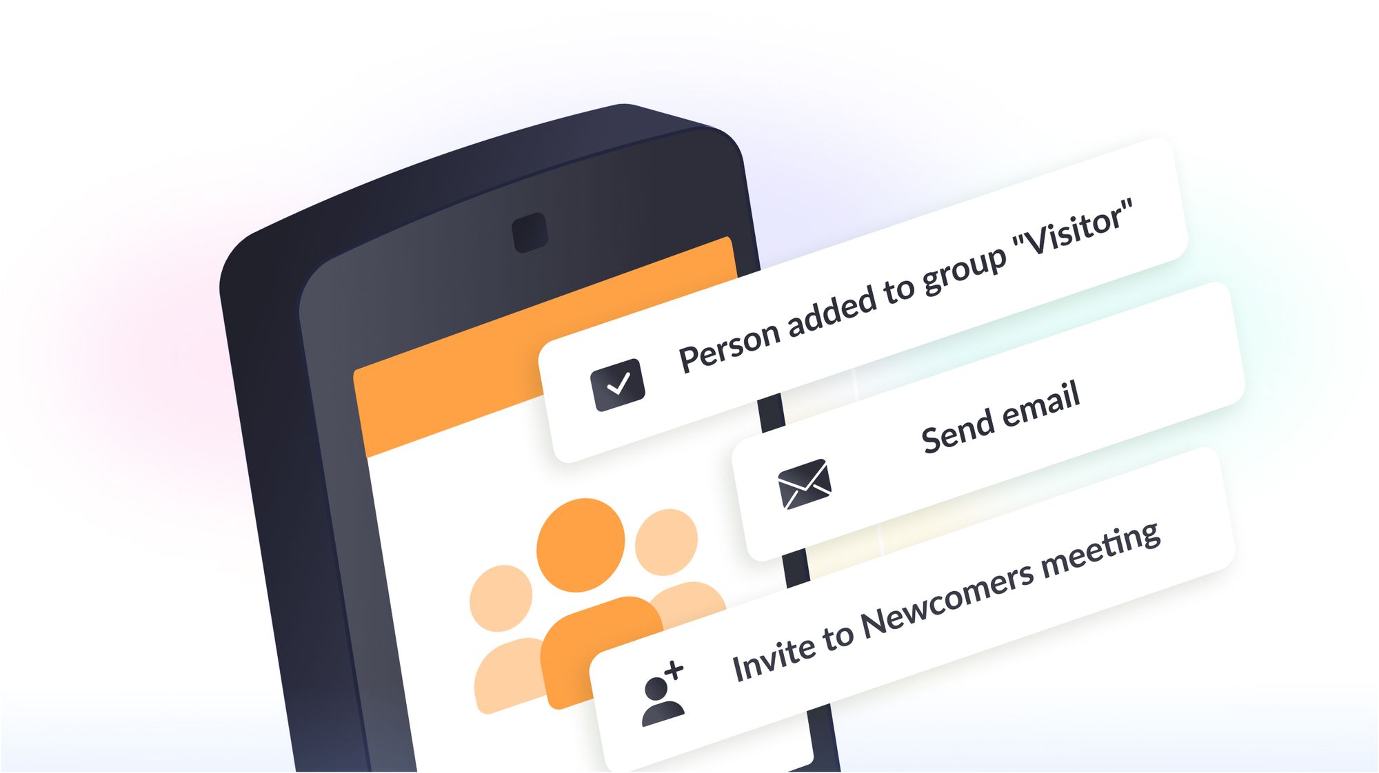 A mobile phone displaying an automation workflow that sends an email to a visitor.