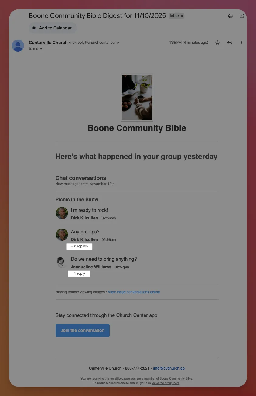 Email from Boone Community Bible with chat highlights, including picnic plans and a group conversation link.