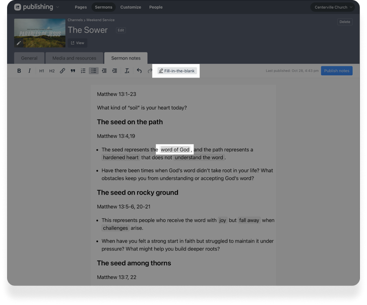 The sermon notes tab in Planning Center Publihsing with an outline of a sermon with bullet points.