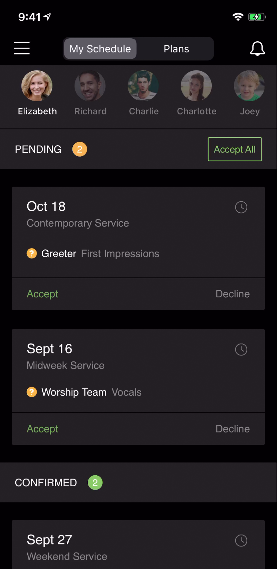 A list of pending volunteer requests listed by date and service type in dark mode.