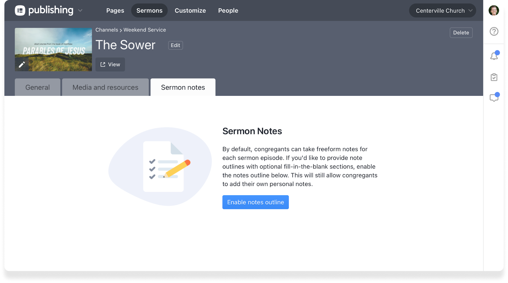 The sermon notes tab in Planning Center Publishing with a blue button in the center to enable notes outline.