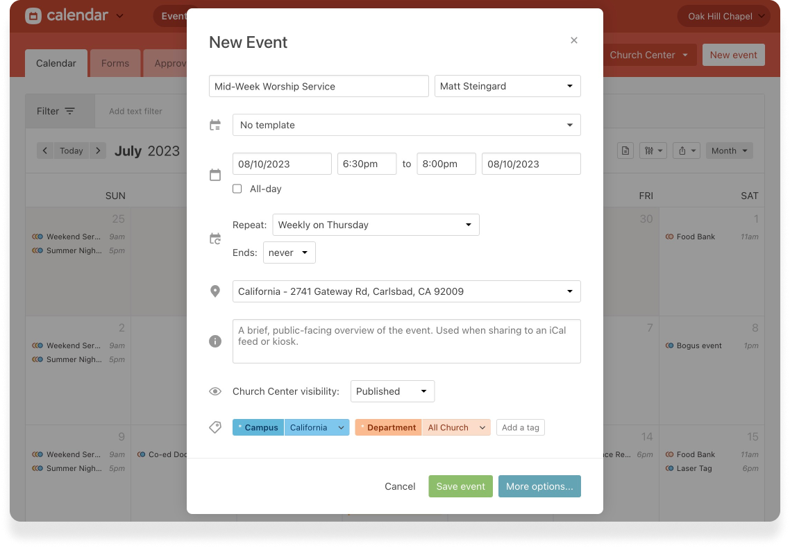 A modal for the creation of a new recurring event in Planning Center Calendar with the date, time, and location.