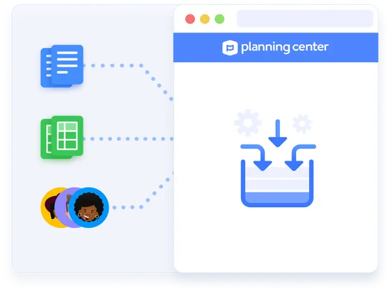 Browser window of Planning Center with different file types connected to it by dotted lines.