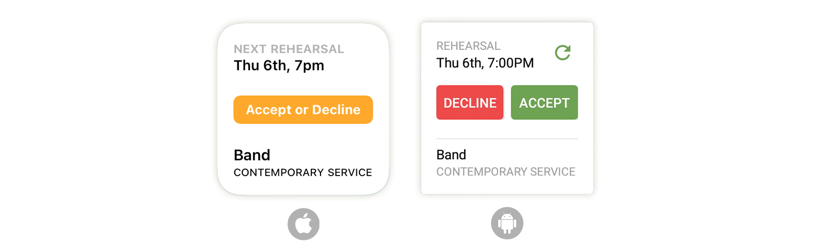 null A rehearsal request notification with buttons to accept or decline.