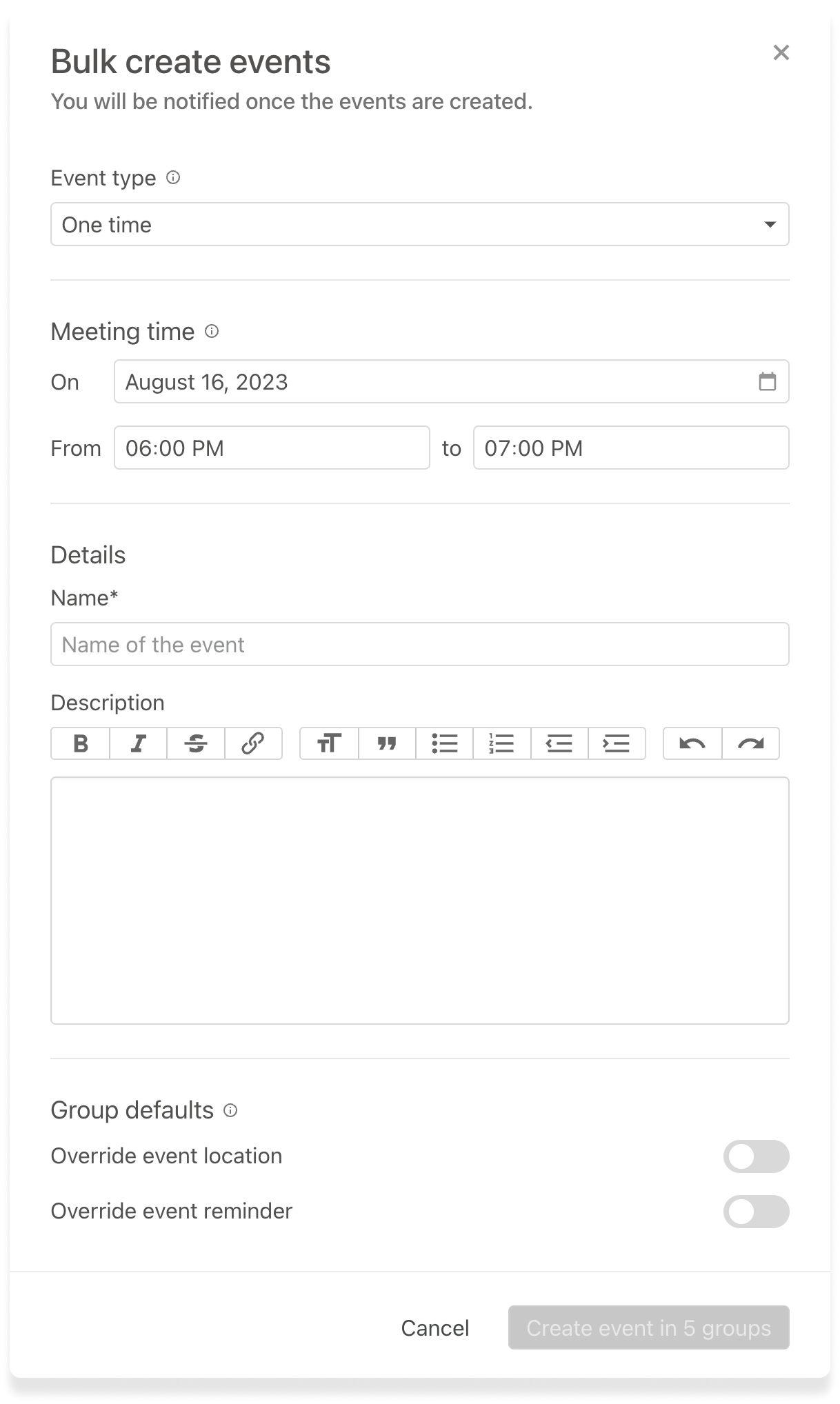 A bulk event creation modal for one-time events with the option to set a date and time multiple groups.