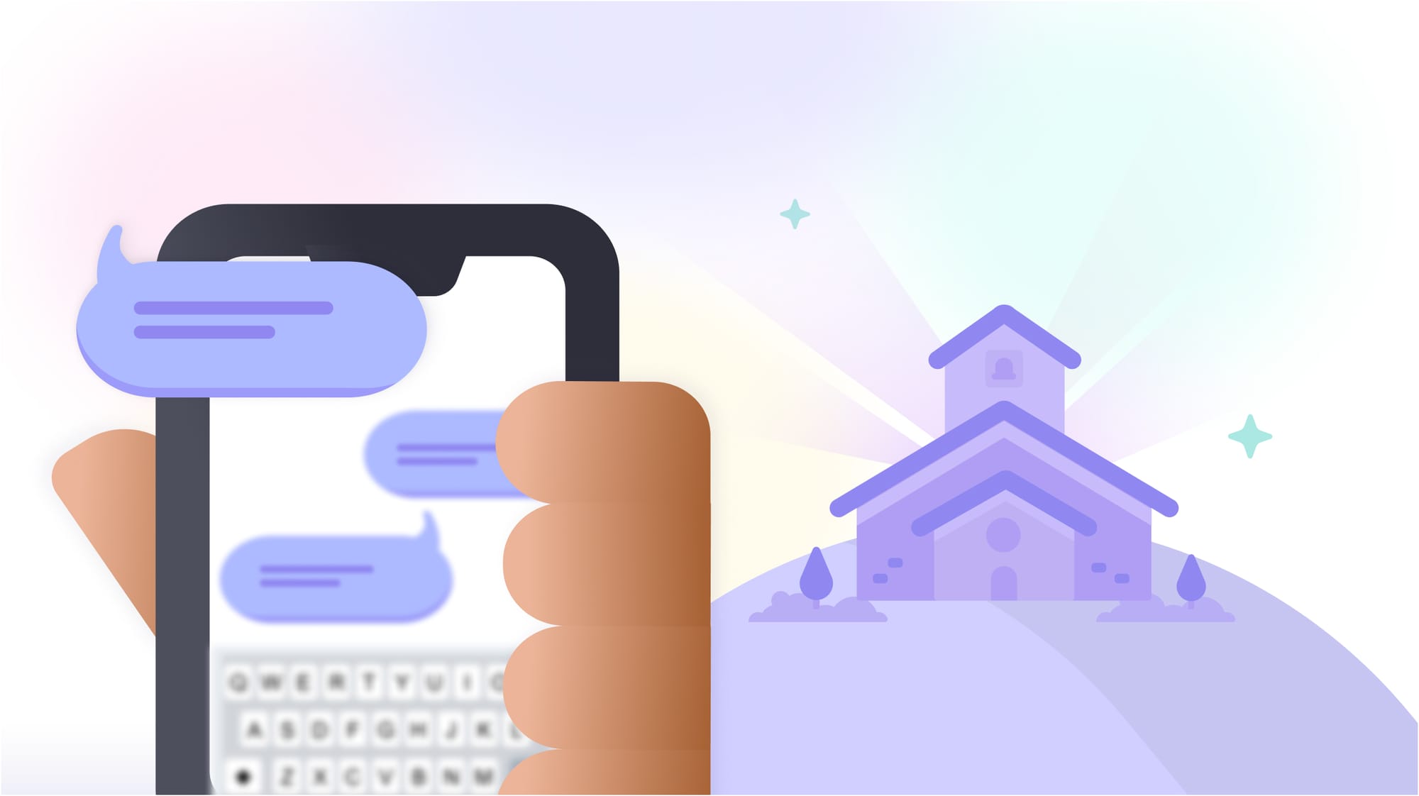 null A hand holding a phone with text bubbles on the screen and a church in the background.