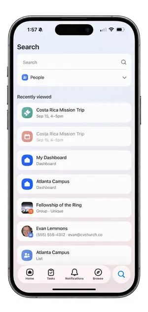 Recently Visited in the Planning Center mobile app