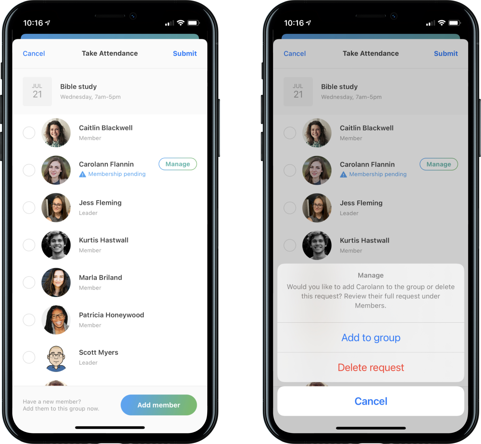 An iPhone displaying a list of group members with a buttoned option to add someone to the group or delete their request.