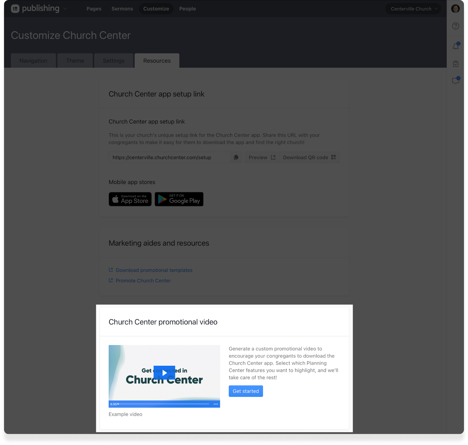 The Church Center promo video modal on the Resources tab in Planning Center Publishing with a video thumbnail.