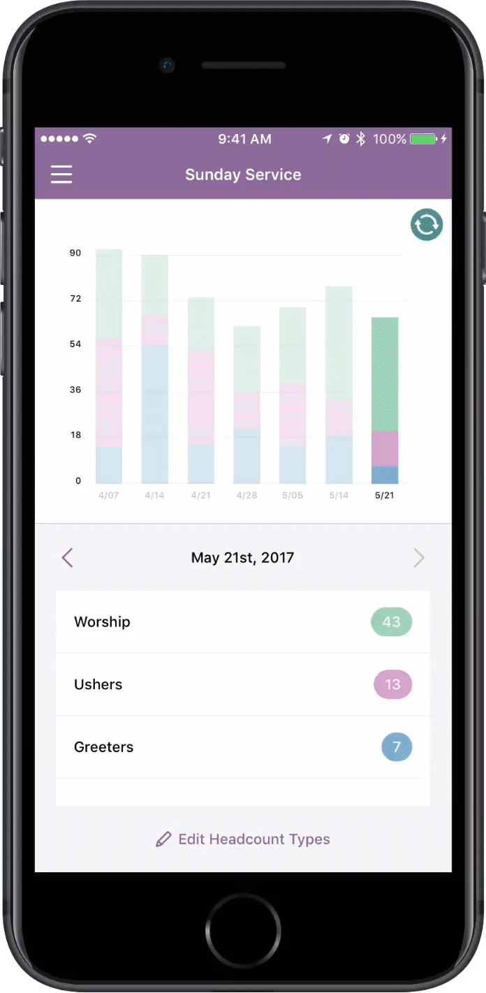 A cell phone displaying the process of taking attendance at different service times.