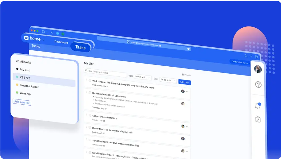 A task list in Planning Center Home with multiple entries and the option to filter by list