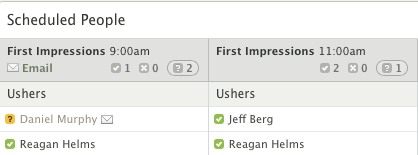 A drop-down menu displaying volunteers for the same position at different service times.