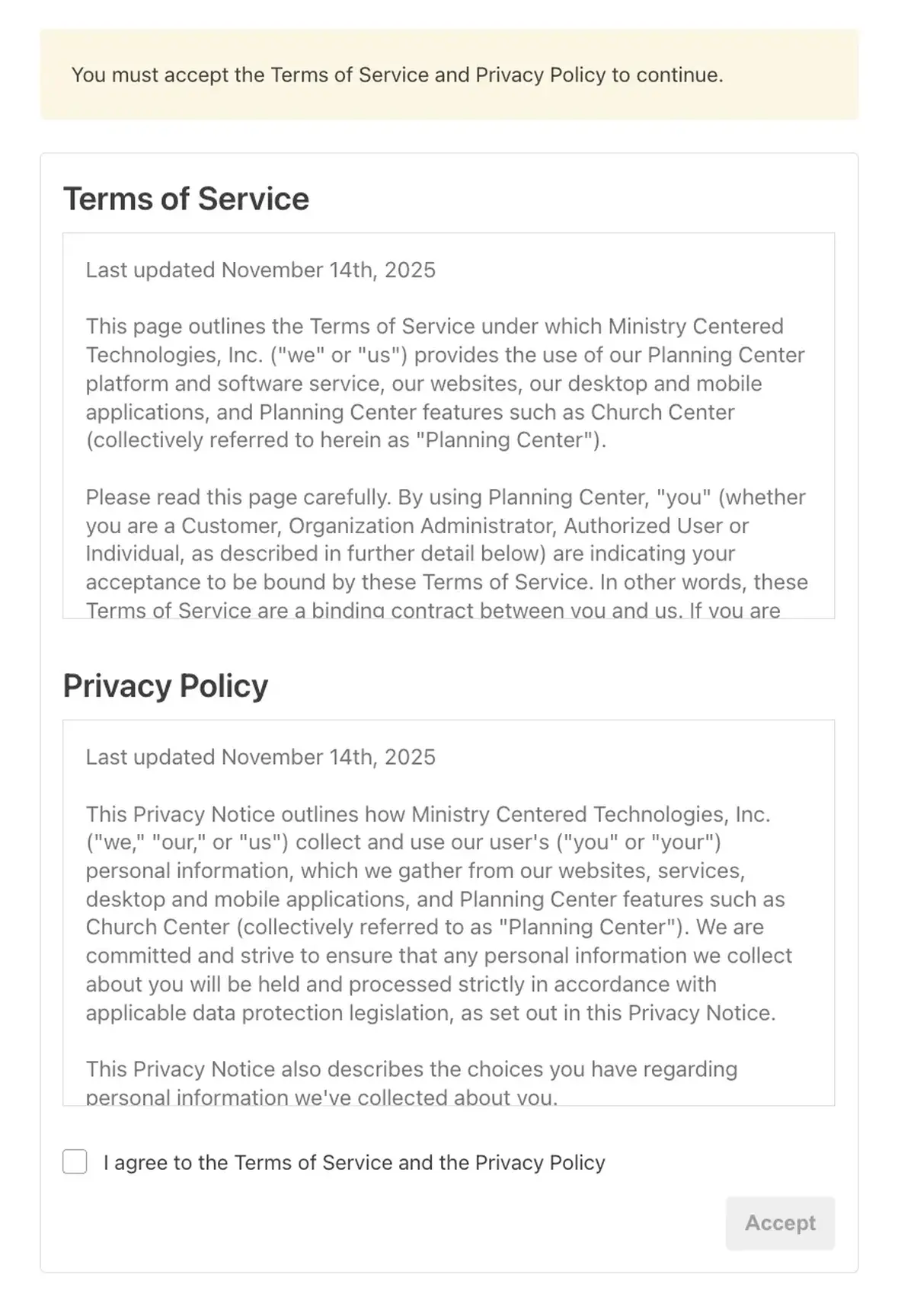Terms of Service and Privacy Policy agreement page with text details and a checkbox to accept the terms.