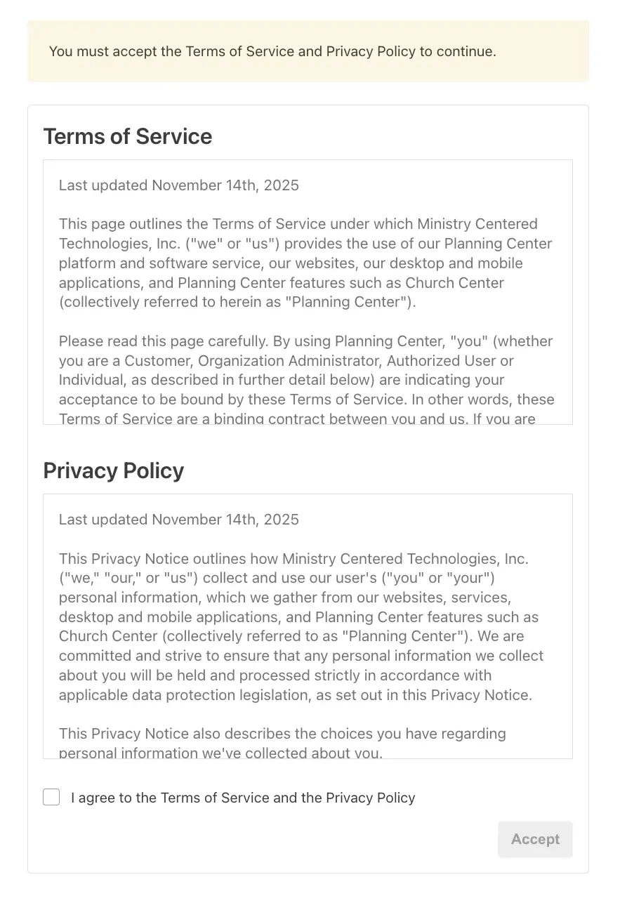 Terms of Service and Privacy Policy agreement page with text details and a checkbox to accept the terms.