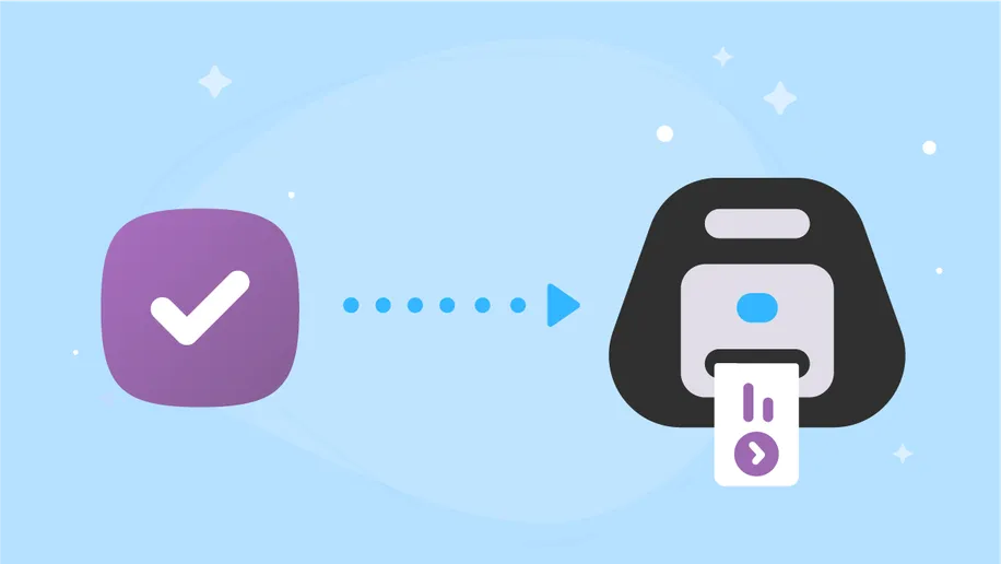 Purple bubble with checkmark next to small printer with a label coming out.