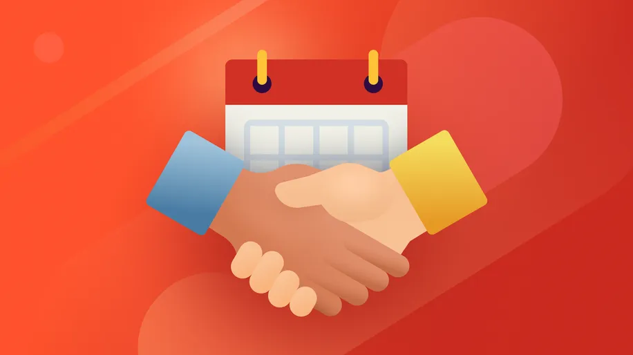 Two hands shaking with a monthly calendar in the background behind them.