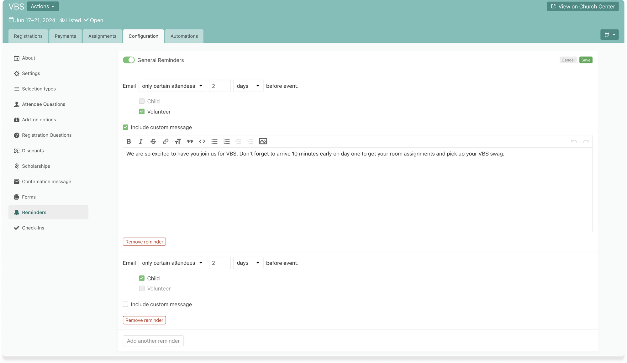 An email text box in Planning Center Registrations with formatting options and drop-down menus for send times.