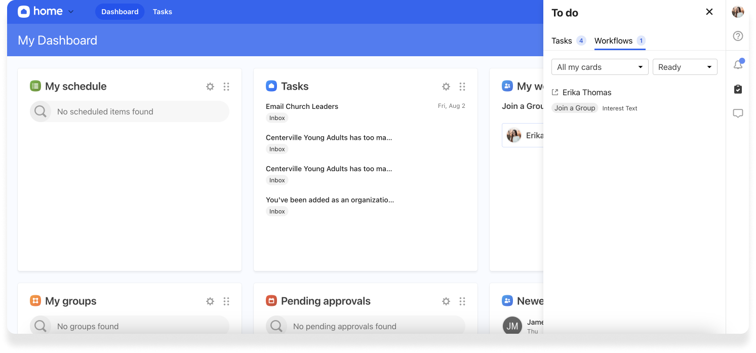 A workflow card in the expanded toolbar drawer in Planning Center home.