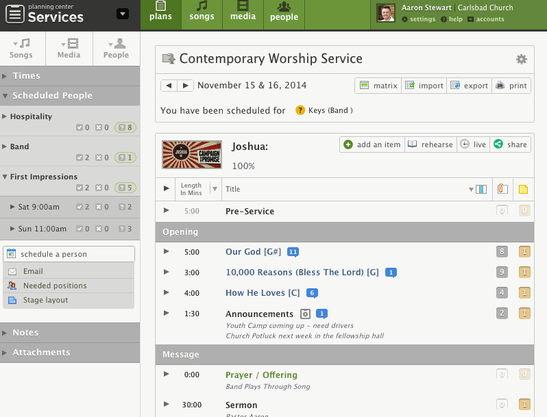A workflow demonstrating how to schedule multiple volunteers for a church service.