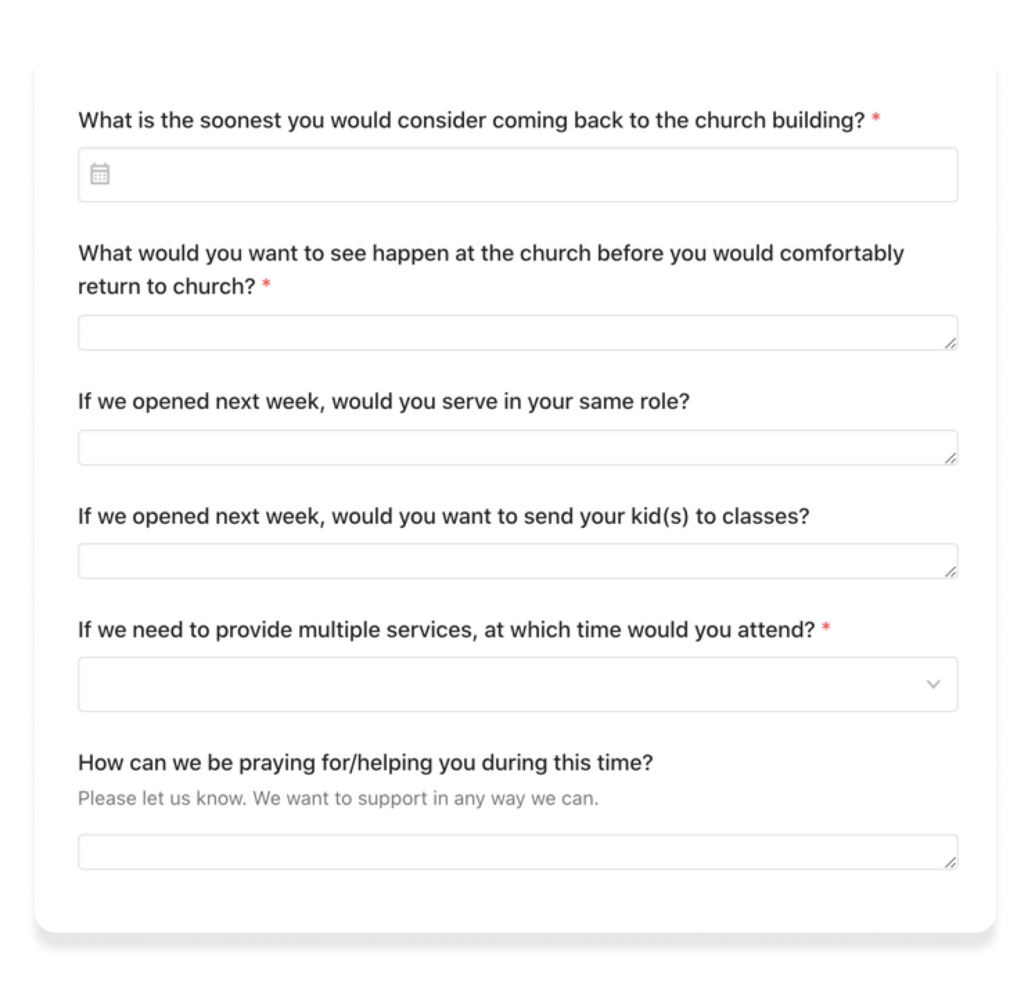null A mock survey with a list of questions and blank text boxes for answers.