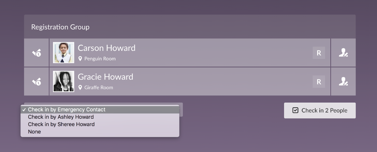 null Two registered children with a drop-down menu of different check-in people selections.